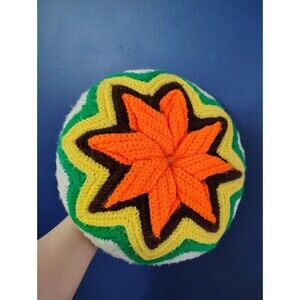 Vintage Handmade 60’-70’s  retro round knitted throw pillow Yellow Orange